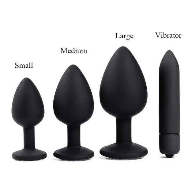 4 Piece Clear Jeweled Black Silicone Princess Plug