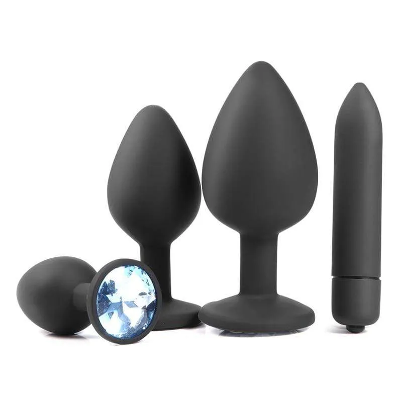 4 Piece Clear Jeweled Black Silicone Princess Plug