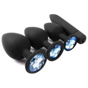 4 Piece Clear Jeweled Black Silicone Princess Plug