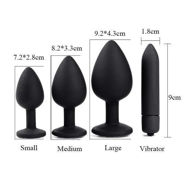 4 Piece Clear Jeweled Black Silicone Princess Plug
