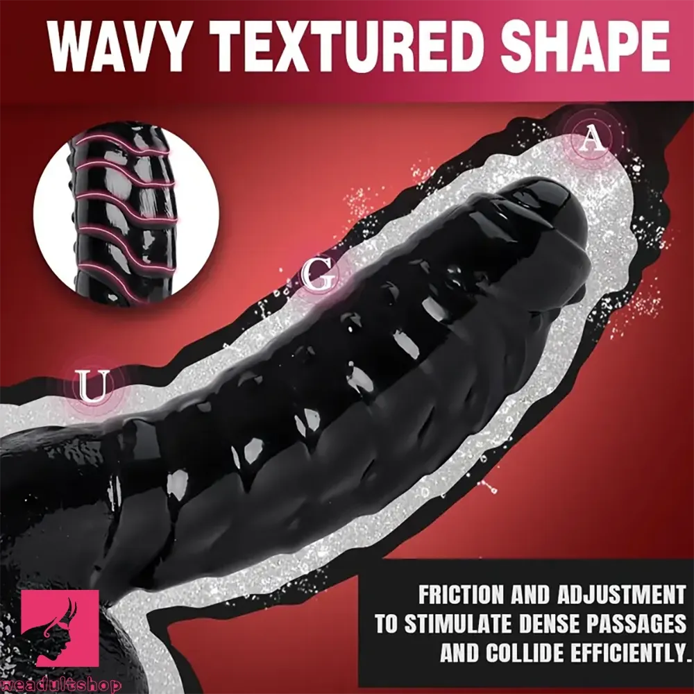 6.88in Glossy Black Monster Penis PVC Uncut Prostate Toy Wave Texture