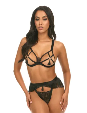 Annika Open Cup Lace Bra & Thong w. Tassles