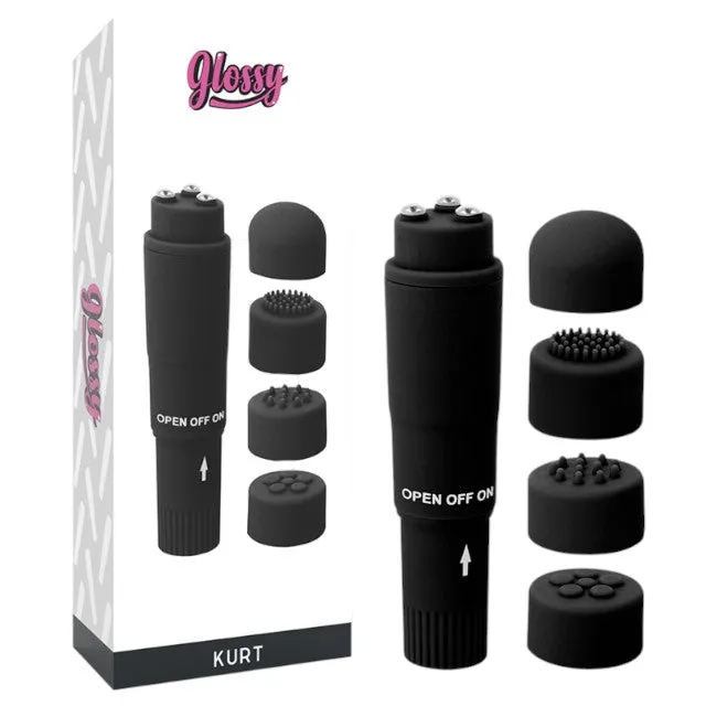 Aparat de masaj GLOSSY Kurt Pocket Massager. cu 4 capete interschimbabile. compact si elegant. culoare neagra