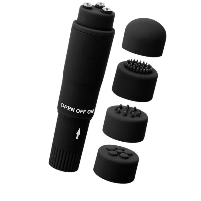 Aparat de masaj GLOSSY Kurt Pocket Massager. cu 4 capete interschimbabile. compact si elegant. culoare neagra