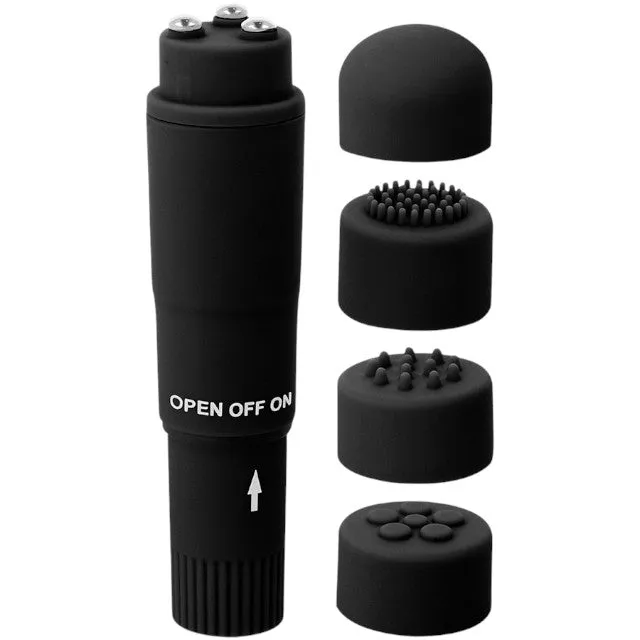 Aparat de masaj GLOSSY Kurt Pocket Massager. cu 4 capete interschimbabile. compact si elegant. culoare neagra