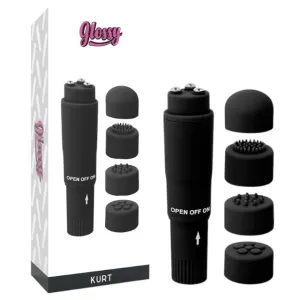 Aparat de masaj GLOSSY Kurt Pocket Massager. cu 4 capete interschimbabile. compact si elegant. culoare neagra