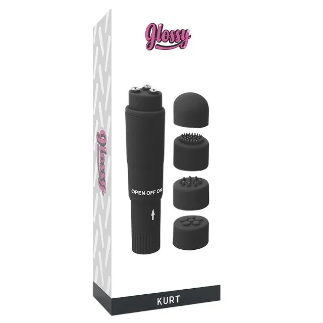 Aparat de masaj GLOSSY Kurt Pocket Massager. cu 4 capete interschimbabile. compact si elegant. culoare neagra