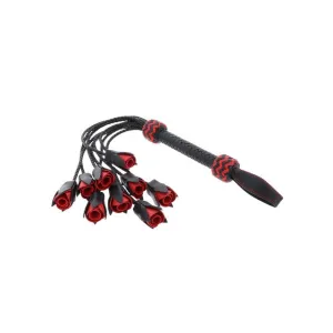 Bici din piele naturală HIDDEN DESIRE Roses Whip. cu 9 trandafiri decorativi. pentru jocuri erotice BDSM. culoare negru cu roșu