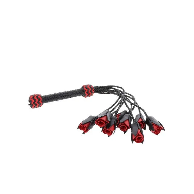 Bici din piele naturală HIDDEN DESIRE Roses Whip. cu 9 trandafiri decorativi. pentru jocuri erotice BDSM. culoare negru cu roșu