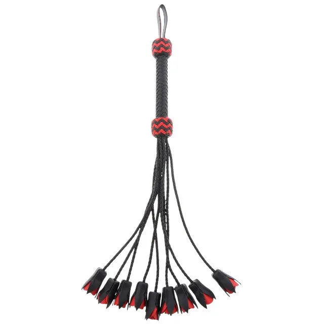 Bici din piele naturală HIDDEN DESIRE Roses Whip. cu 9 trandafiri decorativi. pentru jocuri erotice BDSM. culoare negru cu roșu