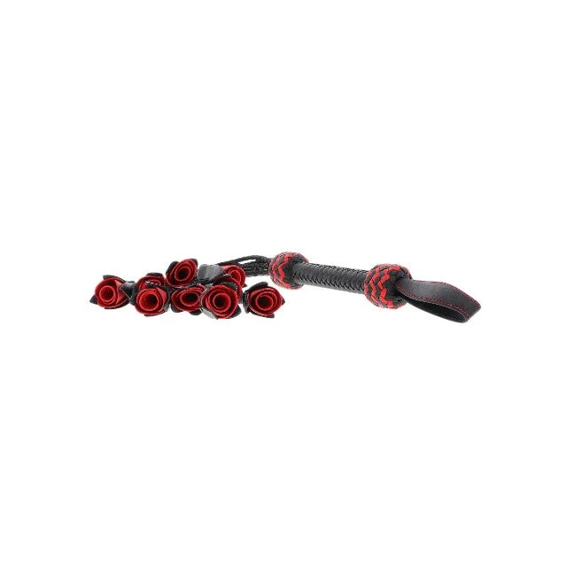 Bici din piele naturală HIDDEN DESIRE Roses Whip. cu 9 trandafiri decorativi. pentru jocuri erotice BDSM. culoare negru cu roșu