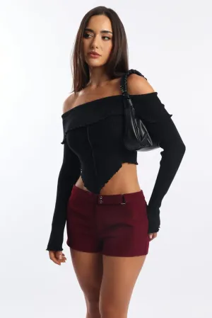 Black Bardot Knit Top Long Sleeve Open Front