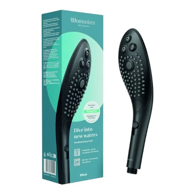 Cap de duș stimulator WOMANIZER Wave Black. pentru stimularea clitorisului. 3 tipuri de jet. 2 intensități. negru