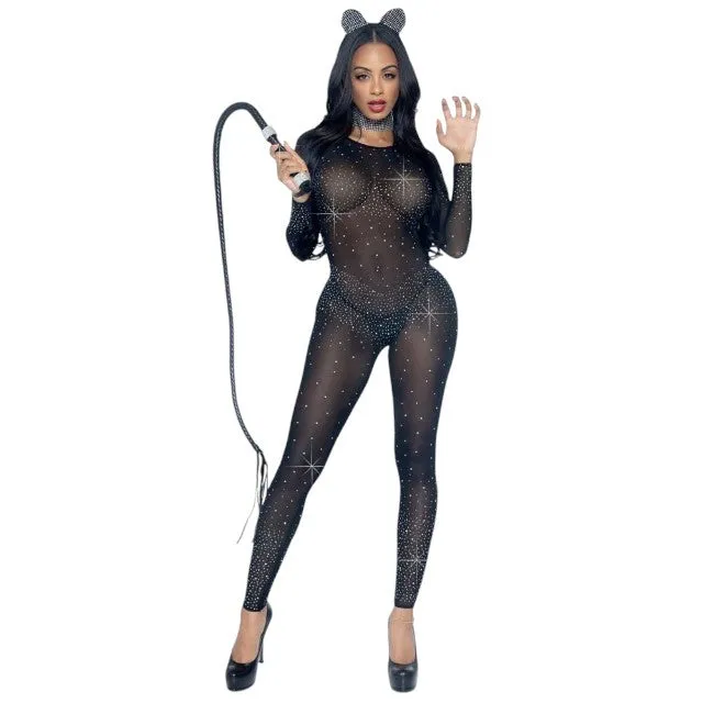 Costum sexy LEG AVENUE Sheer Rhinestone Catsuit. din plasă cu strasuri. cu spate decoltat. negru. mărime S (85636)