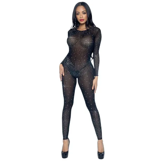 Costum sexy LEG AVENUE Sheer Rhinestone Catsuit. din plasă cu strasuri. cu spate decoltat. negru. mărime S (85636)