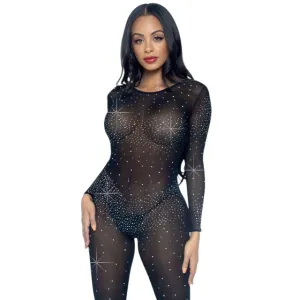 Costum sexy LEG AVENUE Sheer Rhinestone Catsuit. din plasă cu strasuri. cu spate decoltat. negru. mărime S (85636)