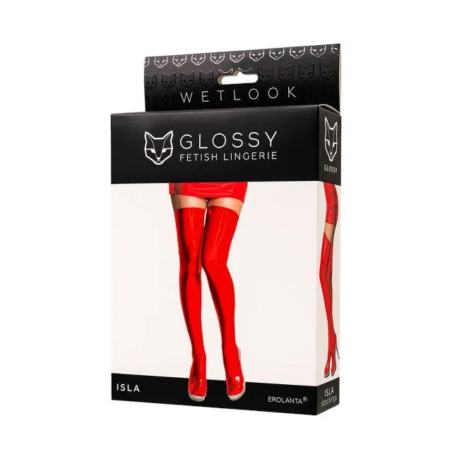 Dresuri sexy GLOSSY Wetlook ISLA Stockings. din material lucios. culoare roșu. mărime M (955053-M)