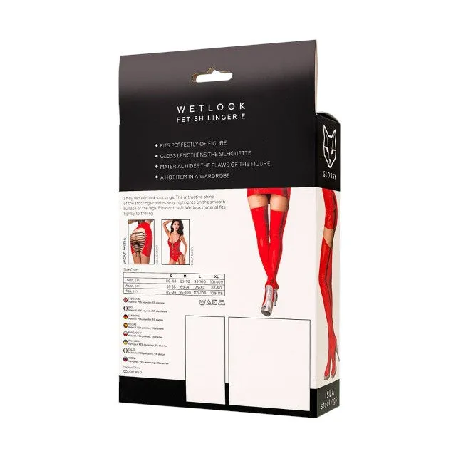 Dresuri sexy GLOSSY Wetlook ISLA Stockings. din material lucios. culoare roșu. mărime M (955053-M)