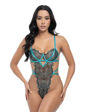 Fina Underwire Contrast Rose Lace Embroidered Open Back Teddy