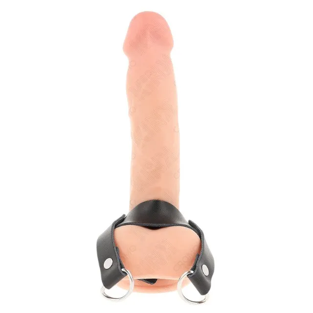Inel pentru penis KINK. design din piele cu inele în formă de D. pentru jocuri erotice și BDSM. 18.5 x 3.3 cm. negru cu argintiu