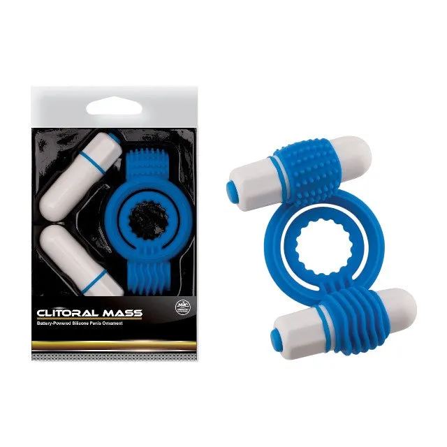 Inel vibrator pentru penis NMC Clitoral Mass. cu 2 vibratoare bullet pentru stimularea clitorisului. albastru cu alb