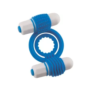 Inel vibrator pentru penis NMC Clitoral Mass. cu 2 vibratoare bullet pentru stimularea clitorisului. albastru cu alb