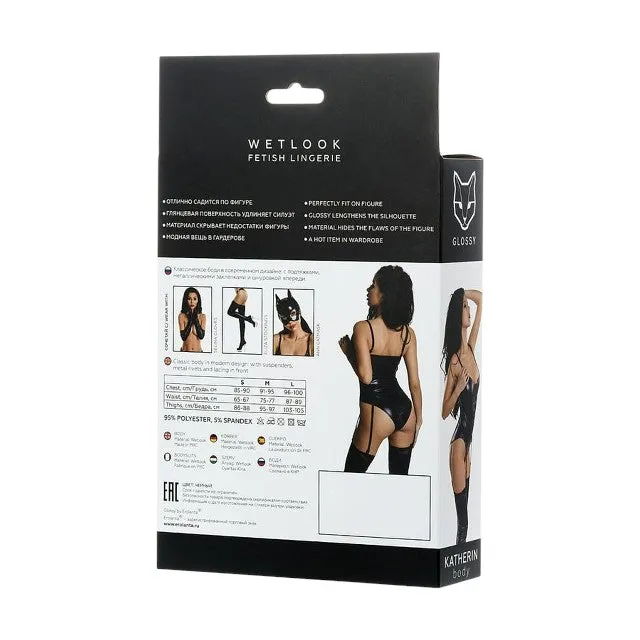 Lenjerie sexy teddy GLOSSY Wetlook KATHERIN Bodysuit. cu corset frontal și jartiere. din material lucios. negru. mărime M (955019-M)