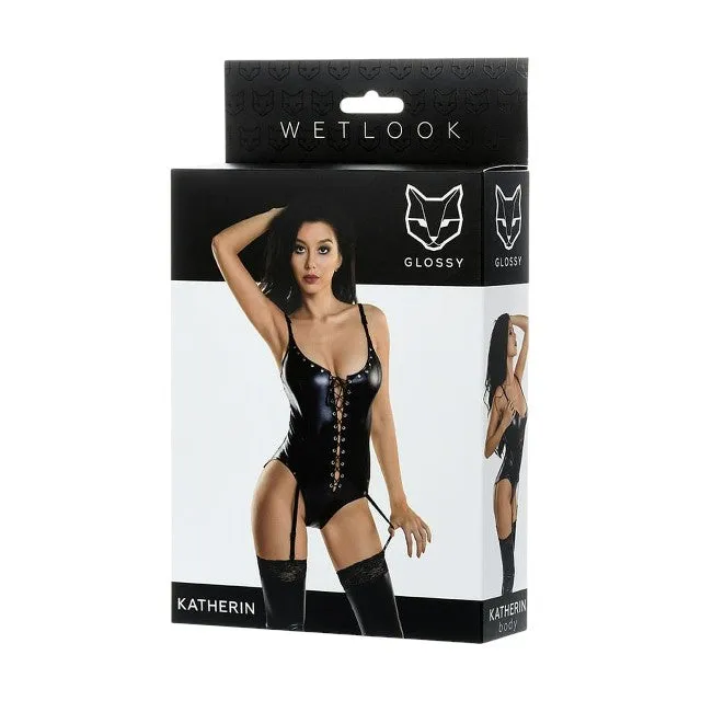 Lenjerie sexy teddy GLOSSY Wetlook KATHERIN Bodysuit. cu corset frontal și jartiere. din material lucios. negru. mărime M (955019-M)