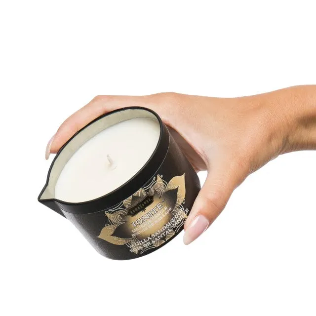 Lumânare pentru masaj KAMASUTRA Ignite Vanilla Sandalwood. cu unt de shea. aromă de vanilie și lemn de santal. 170 gr