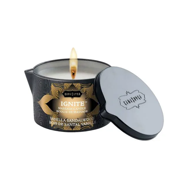 Lumânare pentru masaj KAMASUTRA Ignite Vanilla Sandalwood. cu unt de shea. aromă de vanilie și lemn de santal. 170 gr