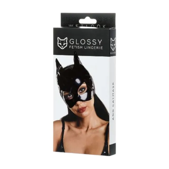Mască pisică GLOSSY Wetlook Ann Cat Mask. design sexy inspirat de Catwoman. pentru jocuri erotice. negru. mărime universală