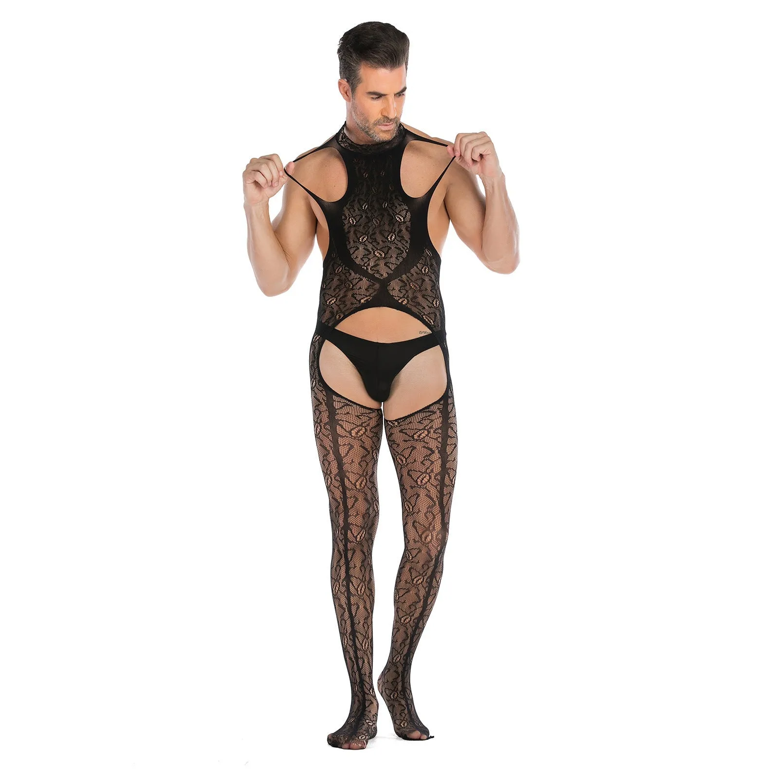 Men's Jacquard Sleeveless Open Back No Take Off Jumpsuit