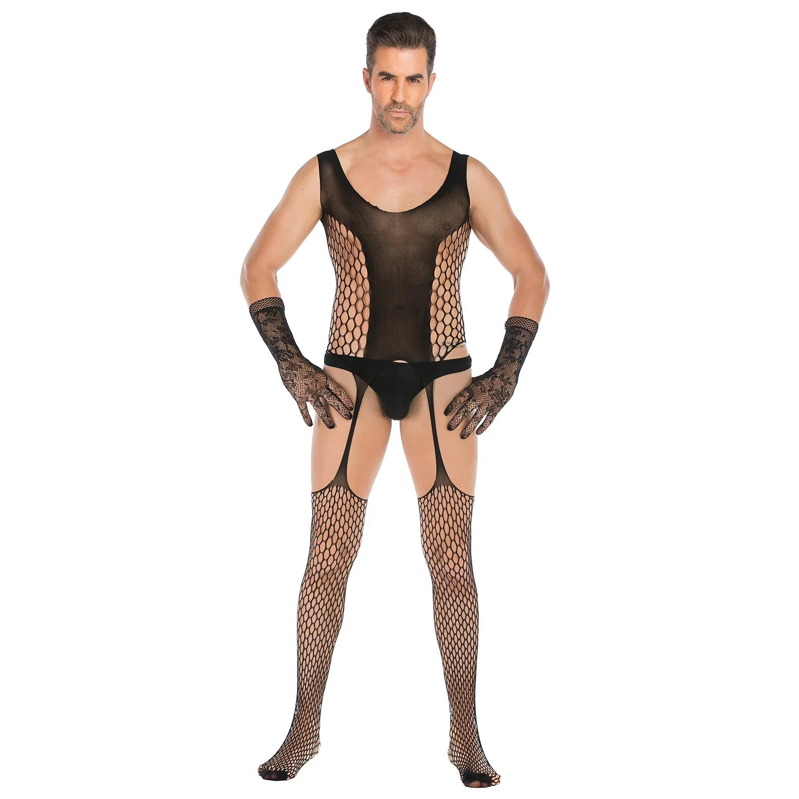 Men's Open Style Tempt High Elastic Jacquard One-piece Net with Lace Glove Set