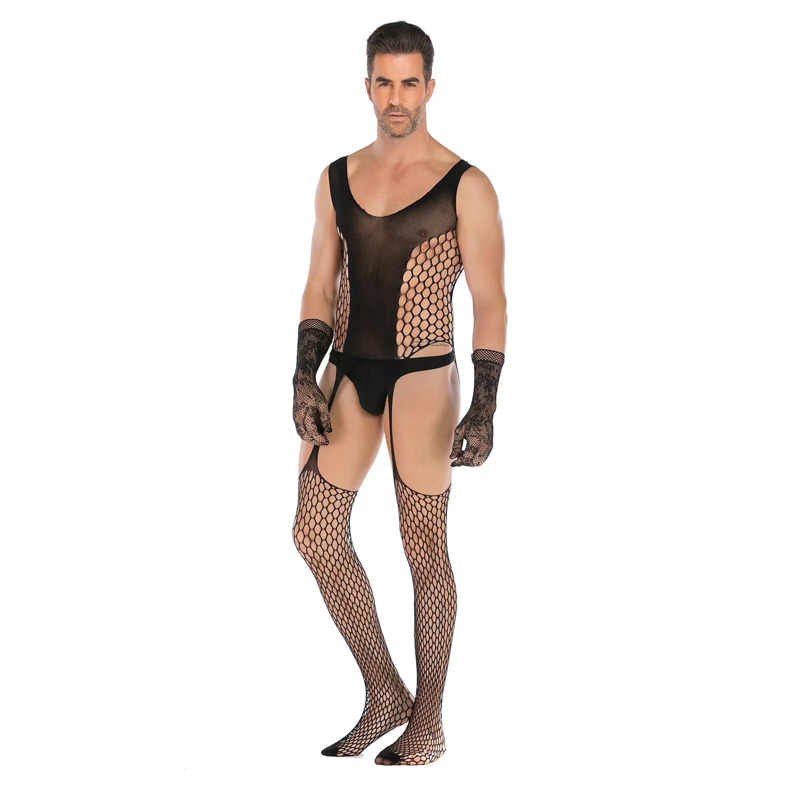 Men's Open Style Tempt High Elastic Jacquard One-piece Net with Lace Glove Set