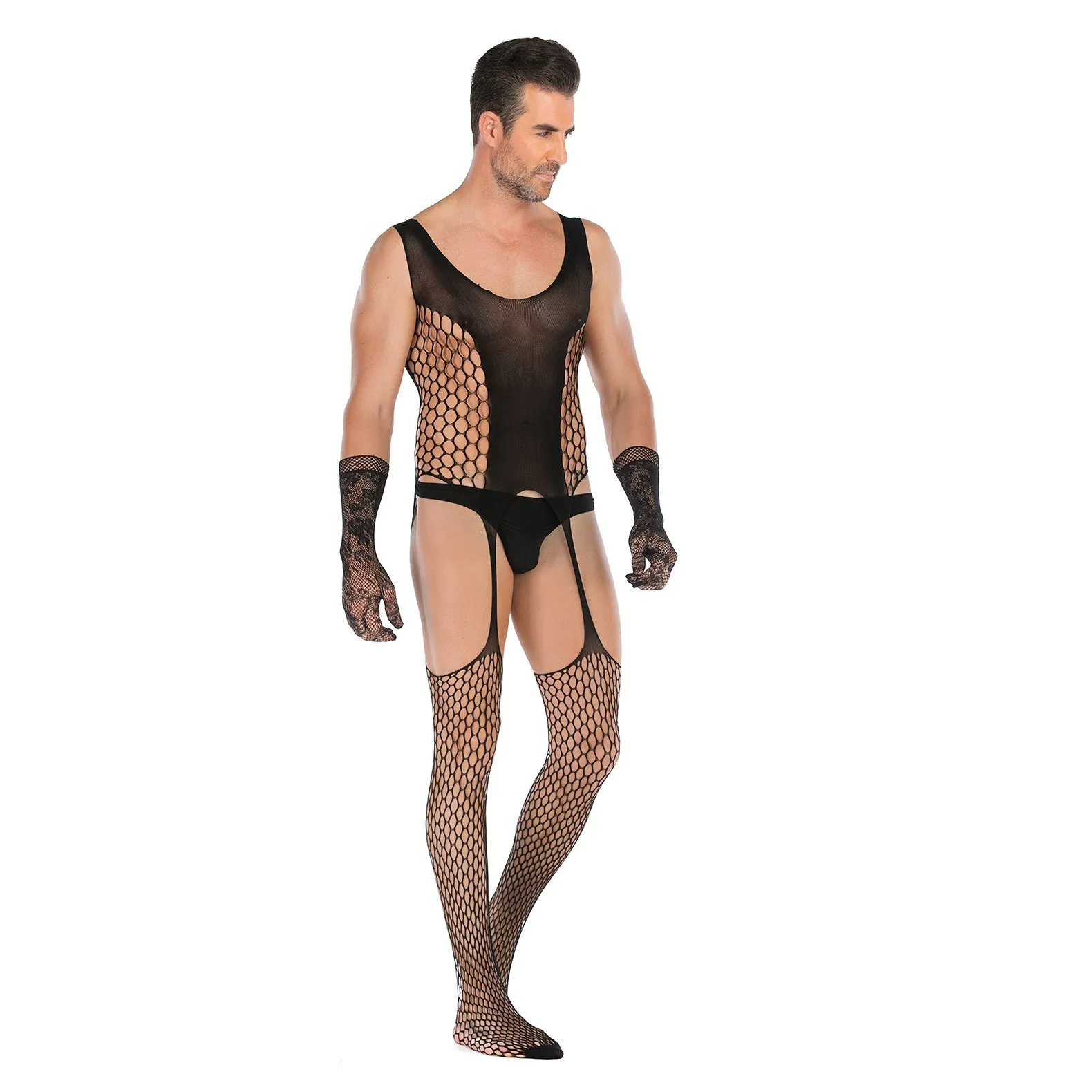 Men's Open Style Tempt High Elastic Jacquard One-piece Net with Lace Glove Set