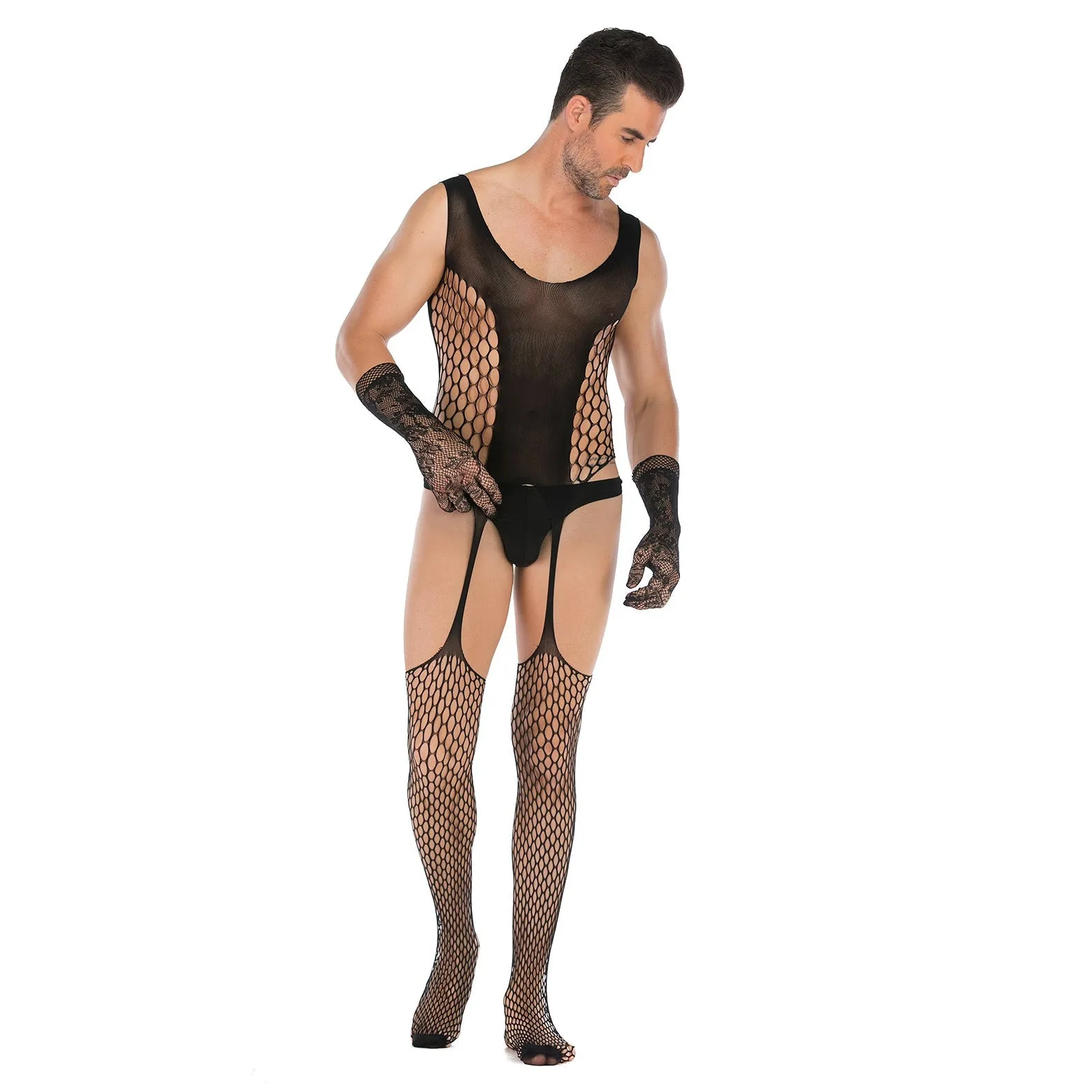 Men's Open Style Tempt High Elastic Jacquard One-piece Net with Lace Glove Set