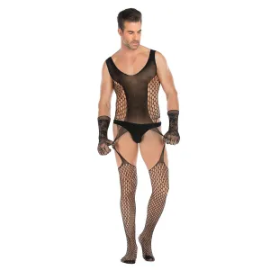 Men's Open Style Tempt High Elastic Jacquard One-piece Net with Lace Glove Set