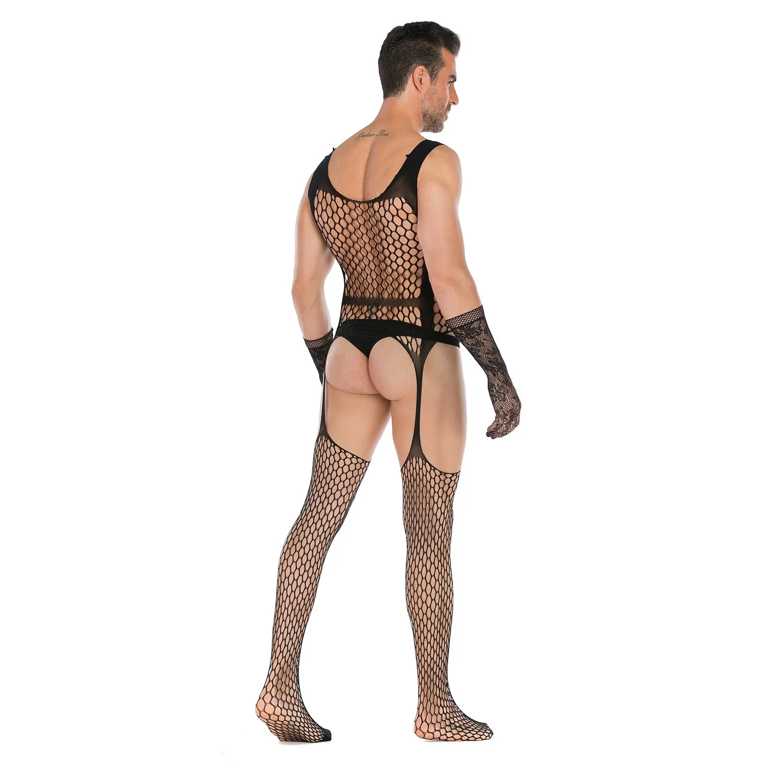 Men's Open Style Tempt High Elastic Jacquard One-piece Net with Lace Glove Set