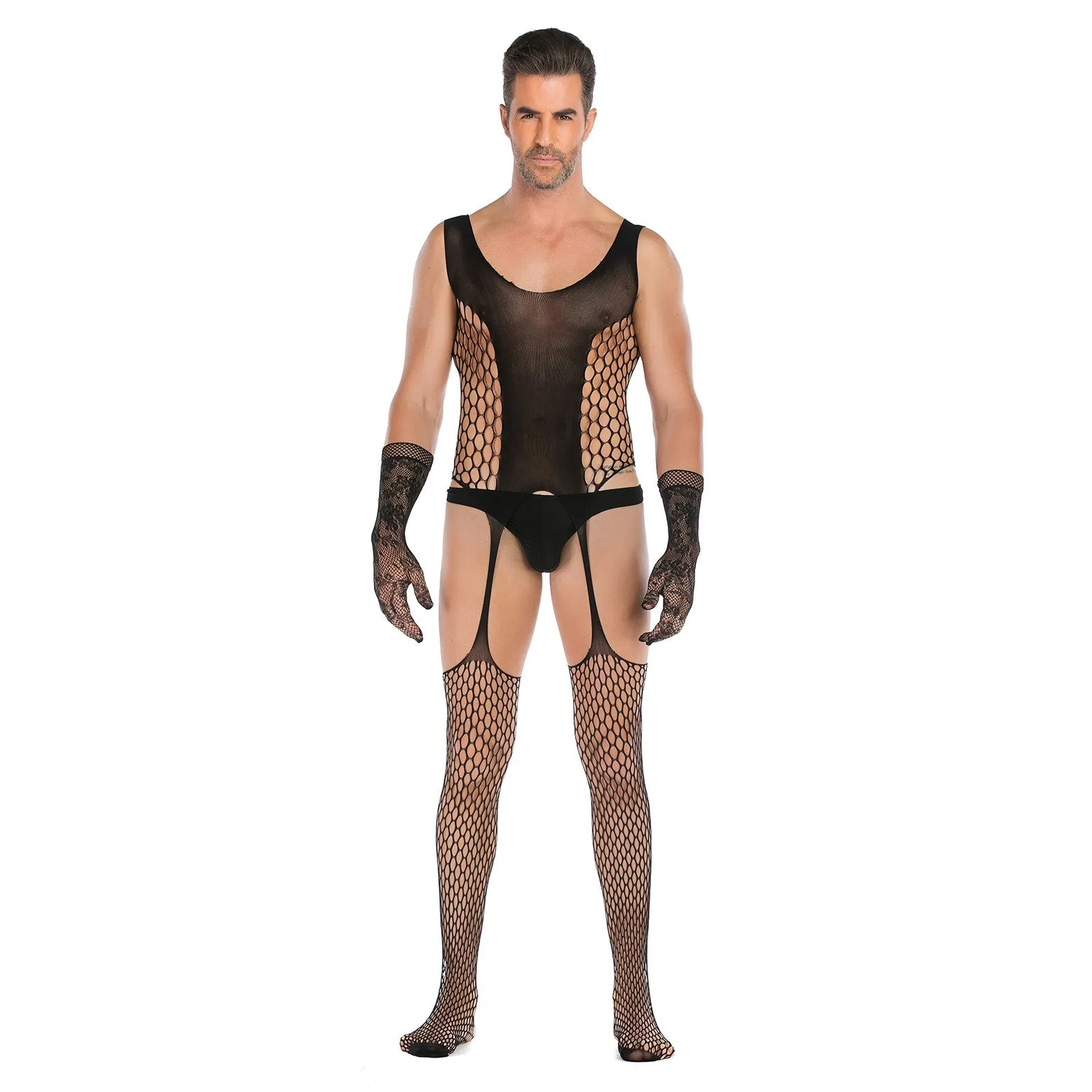 Men's Open Style Tempt High Elastic Jacquard One-piece Net with Lace Glove Set