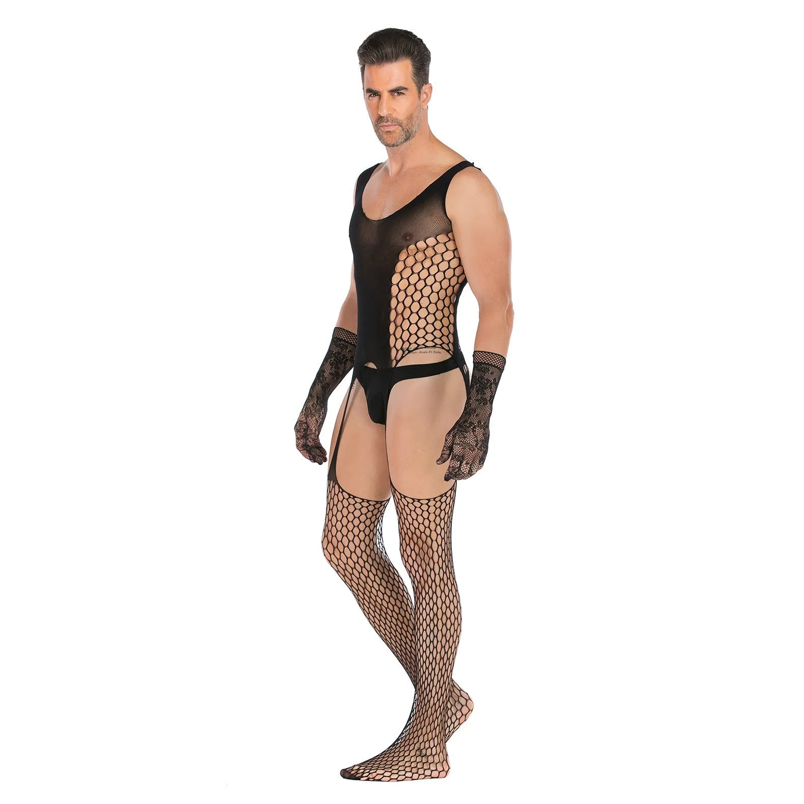 Men's Open Style Tempt High Elastic Jacquard One-piece Net with Lace Glove Set
