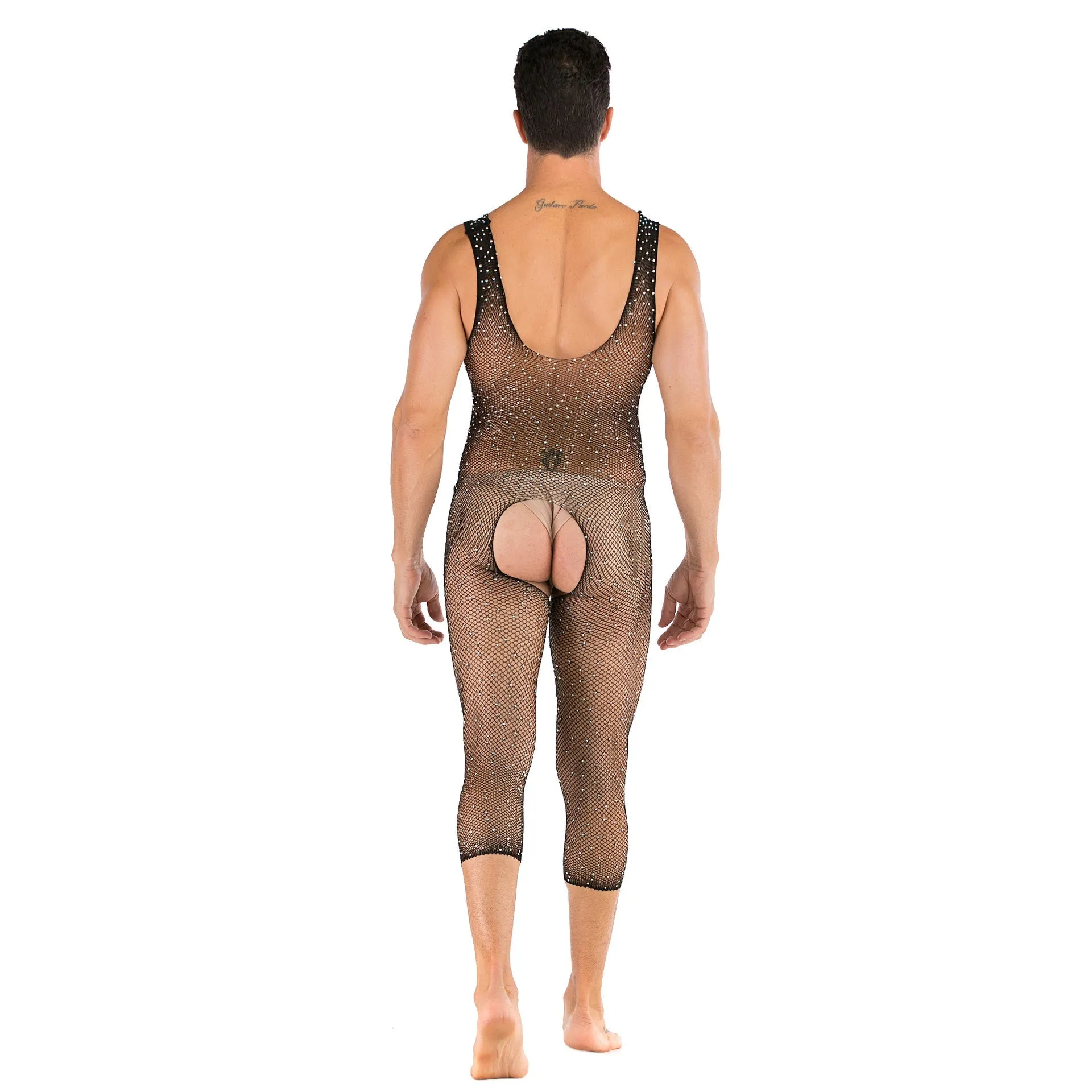 Men's Sexy Open Range One-piece Shiny Full-body Stocking with Diamonds