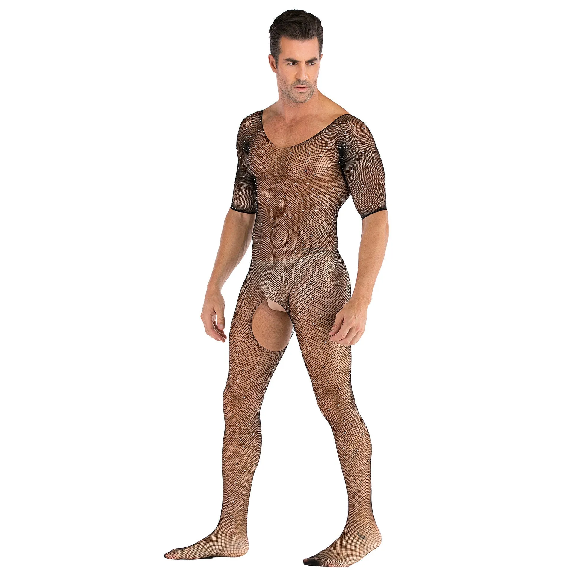 Men's Sexy Open Range One-piece Shiny Full-body Stocking with Diamonds
