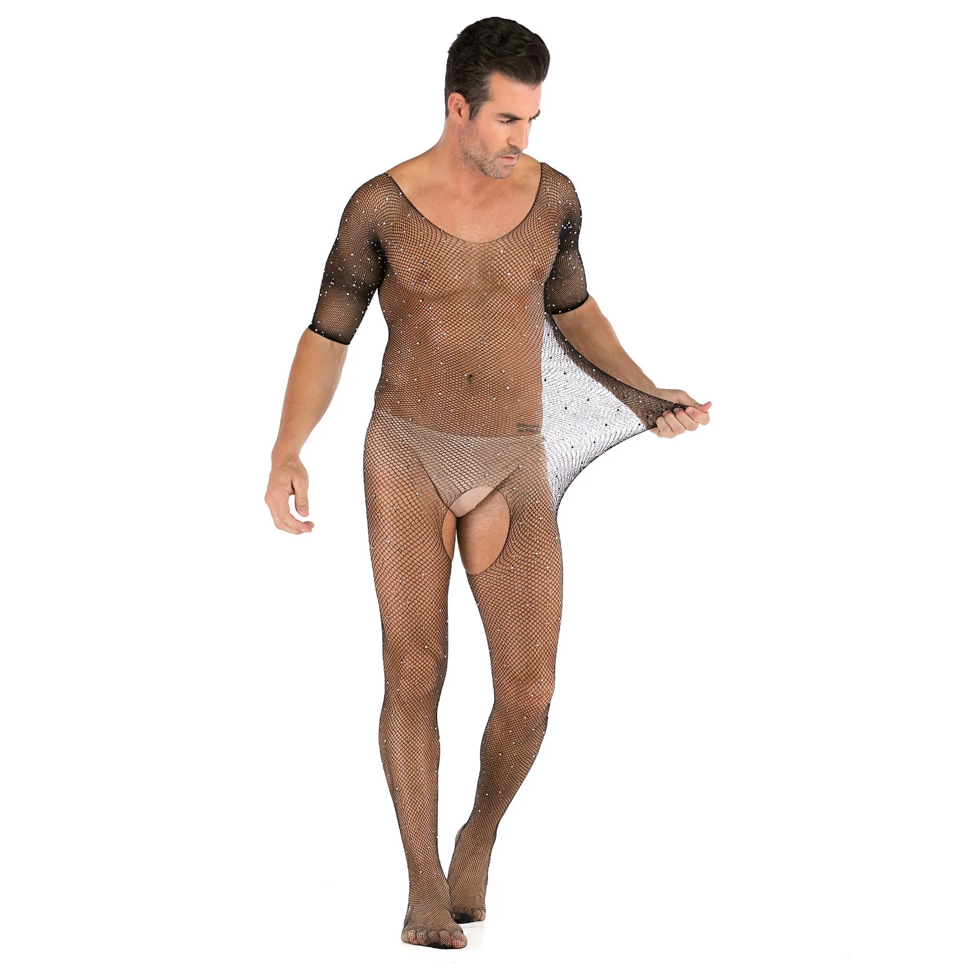 Men's Sexy Open Range One-piece Shiny Full-body Stocking with Diamonds