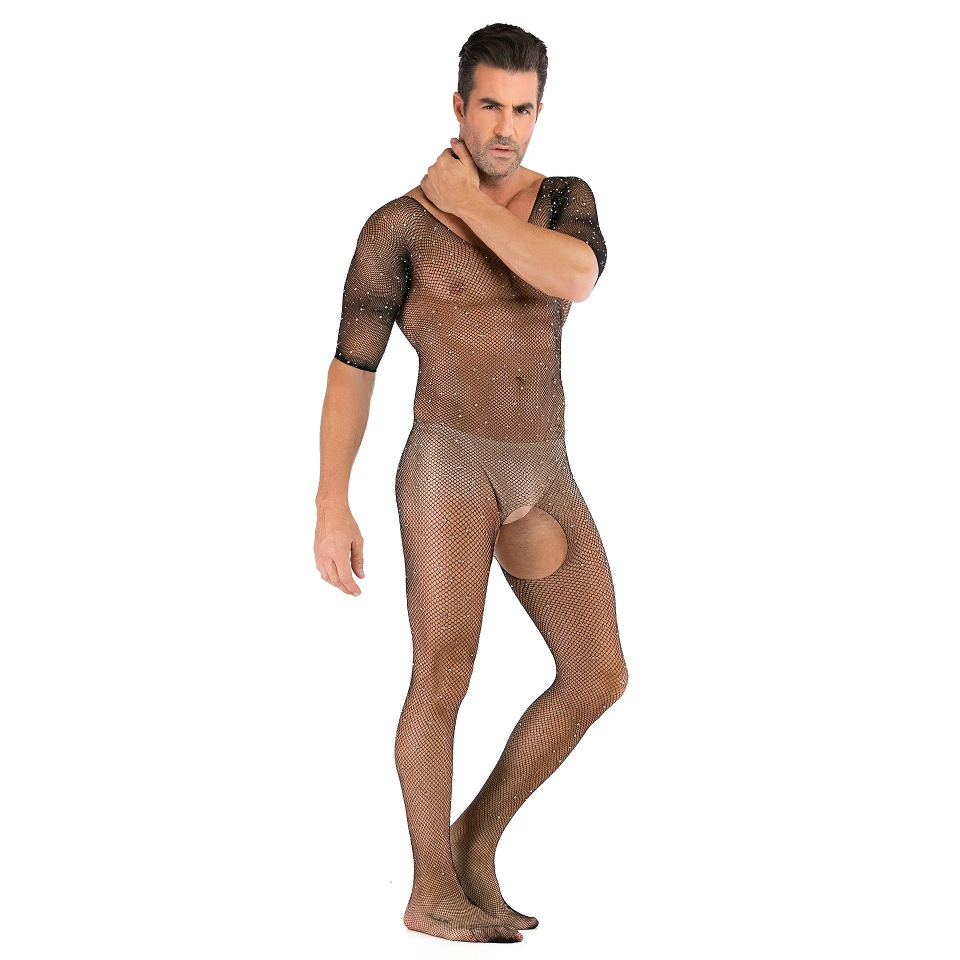 Men's Sexy Open Range One-piece Shiny Full-body Stocking with Diamonds