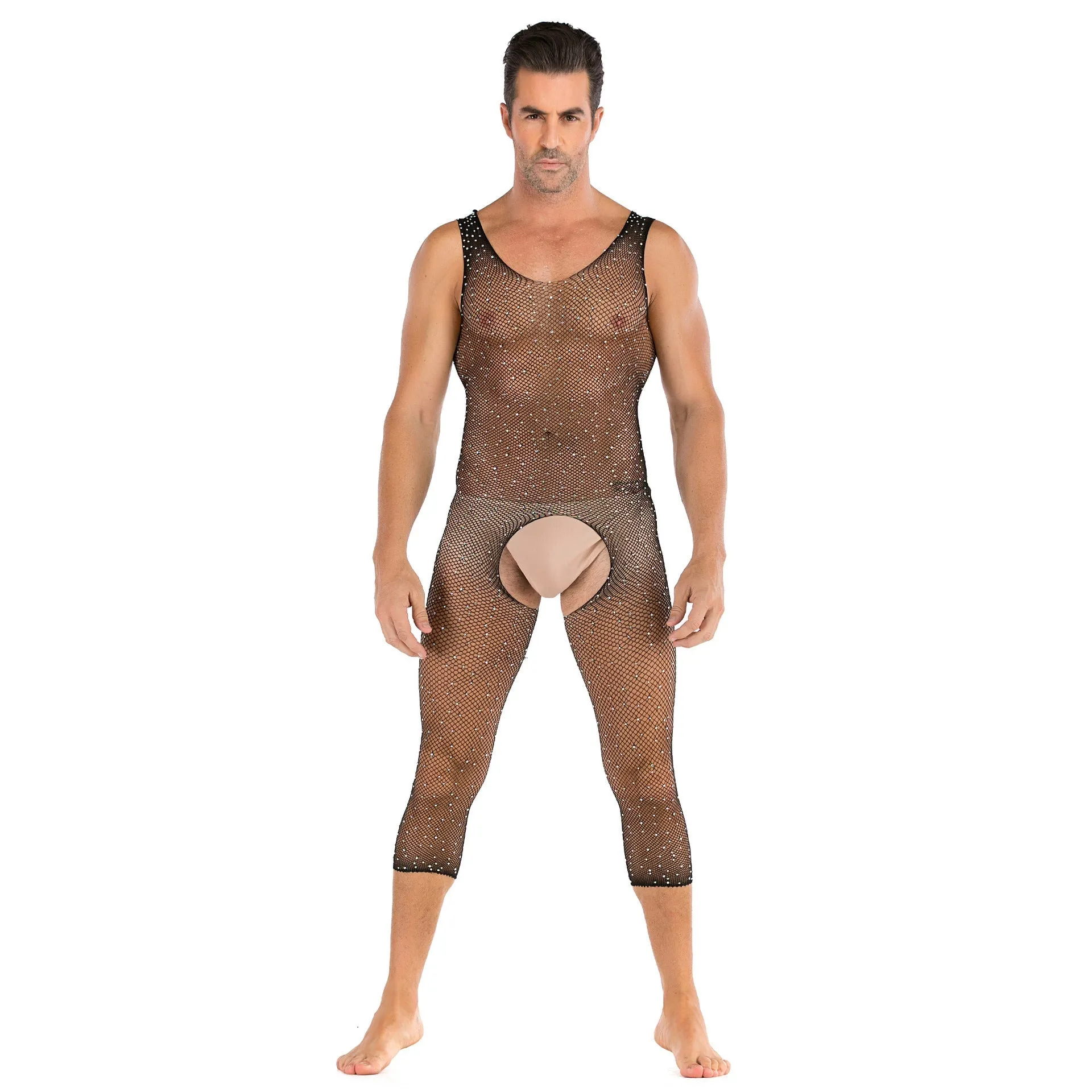 Men's Sexy Open Range One-piece Shiny Full-body Stocking with Diamonds
