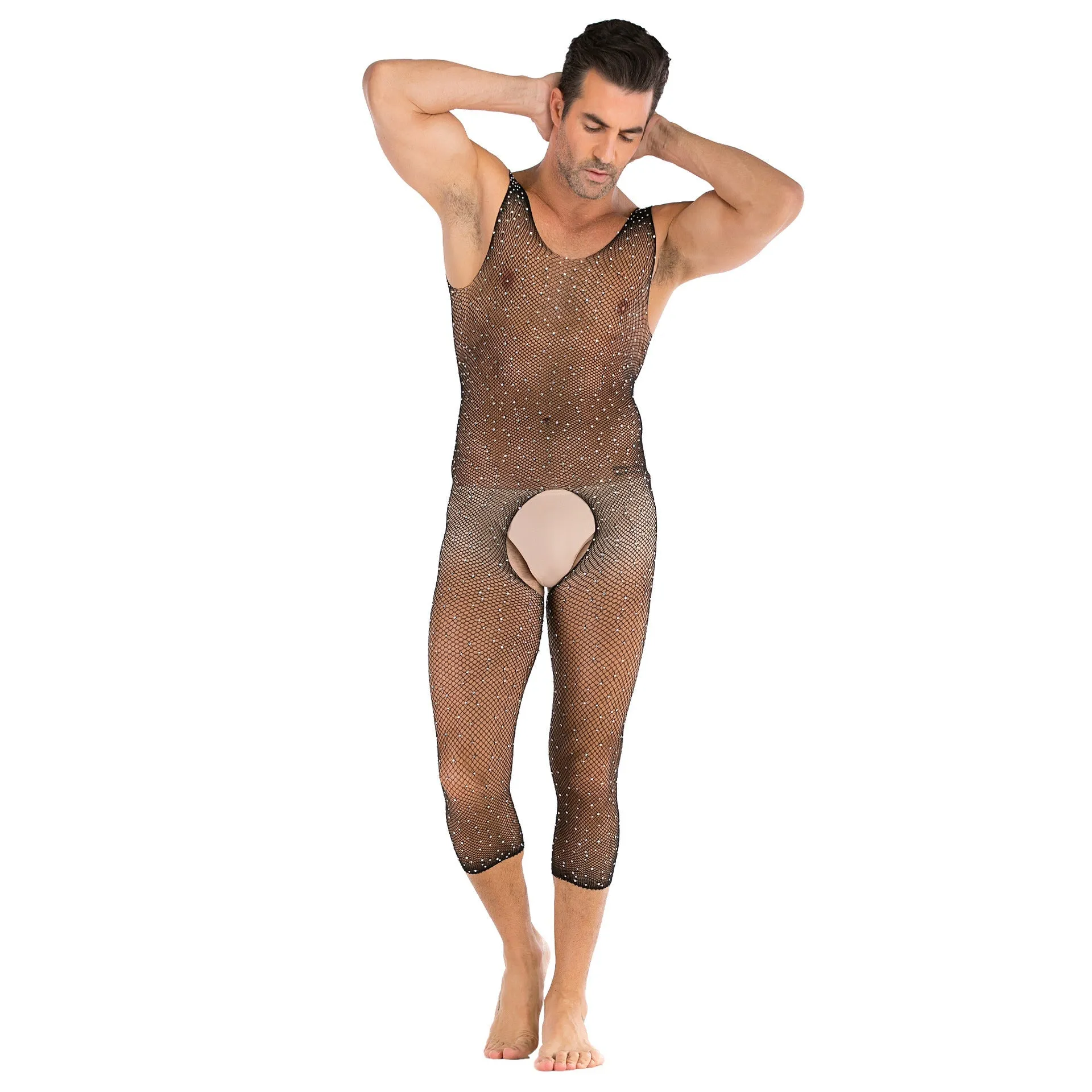 Men's Sexy Open Range One-piece Shiny Full-body Stocking with Diamonds