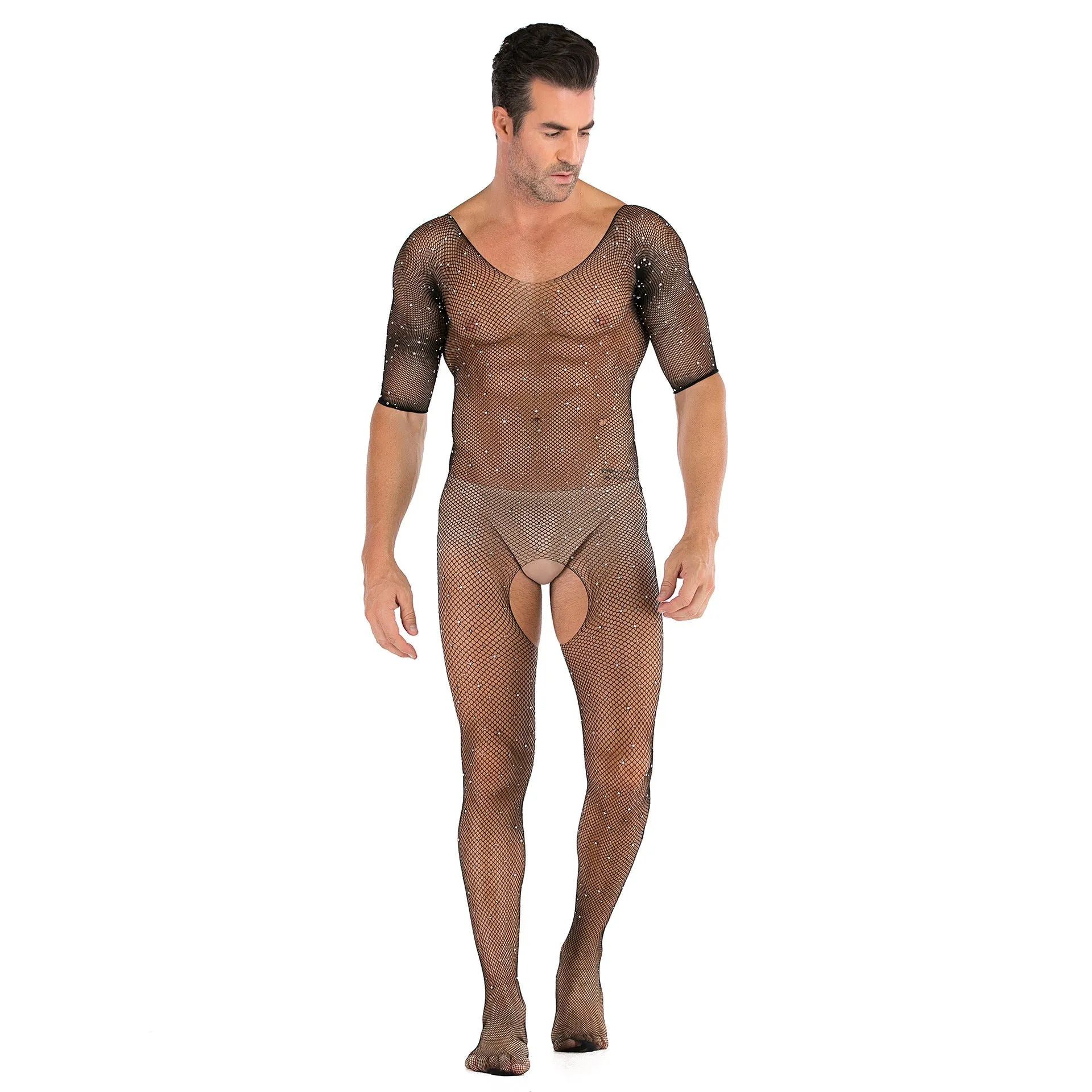 Men's Sexy Open Range One-piece Shiny Full-body Stocking with Diamonds