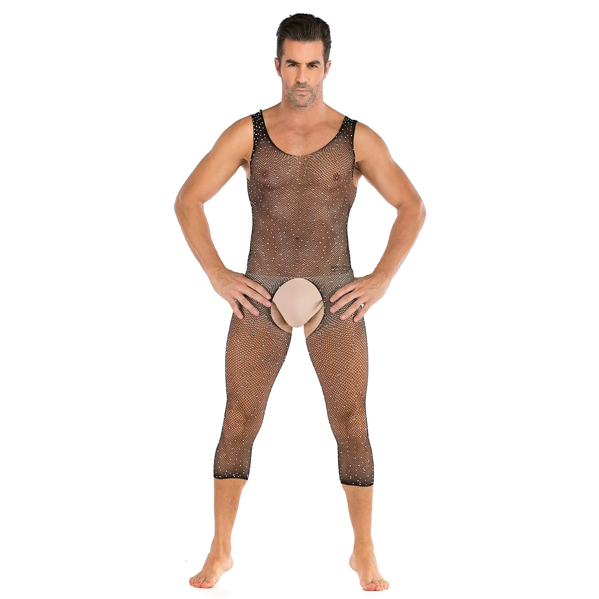 Men's Sexy Open Range One-piece Shiny Full-body Stocking with Diamonds