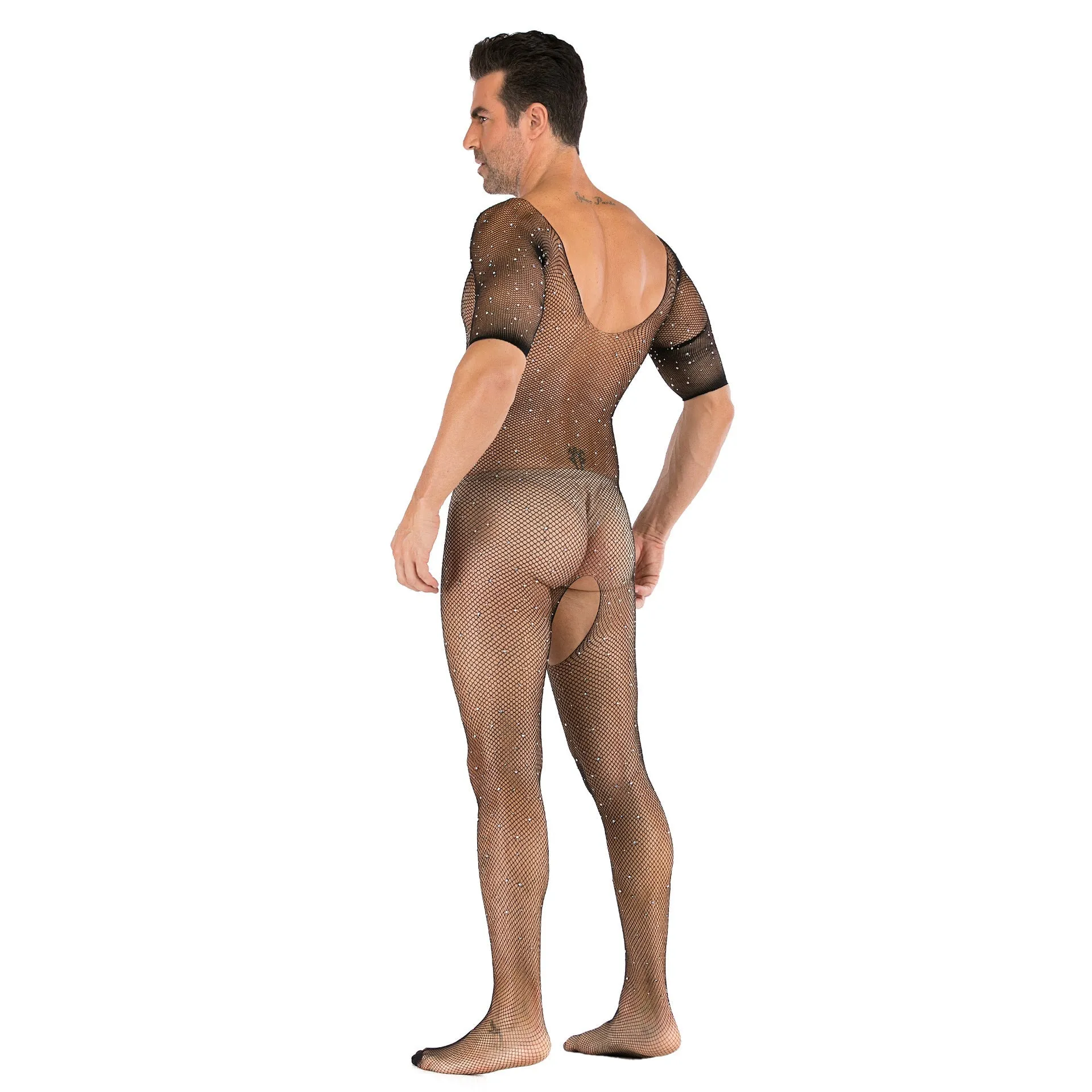 Men's Sexy Open Range One-piece Shiny Full-body Stocking with Diamonds