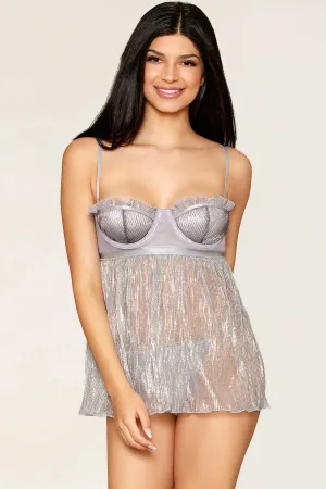 Pleated Silver Mesh Underwire Babydoll